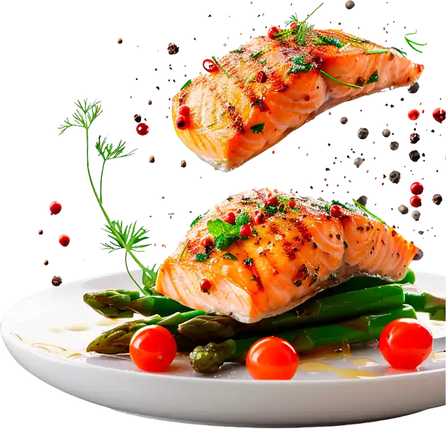 Filete de salmón a la parrilla servido con vegetales