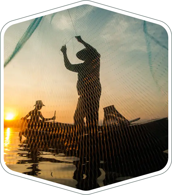 Pescadores recogiendo red al amanecer